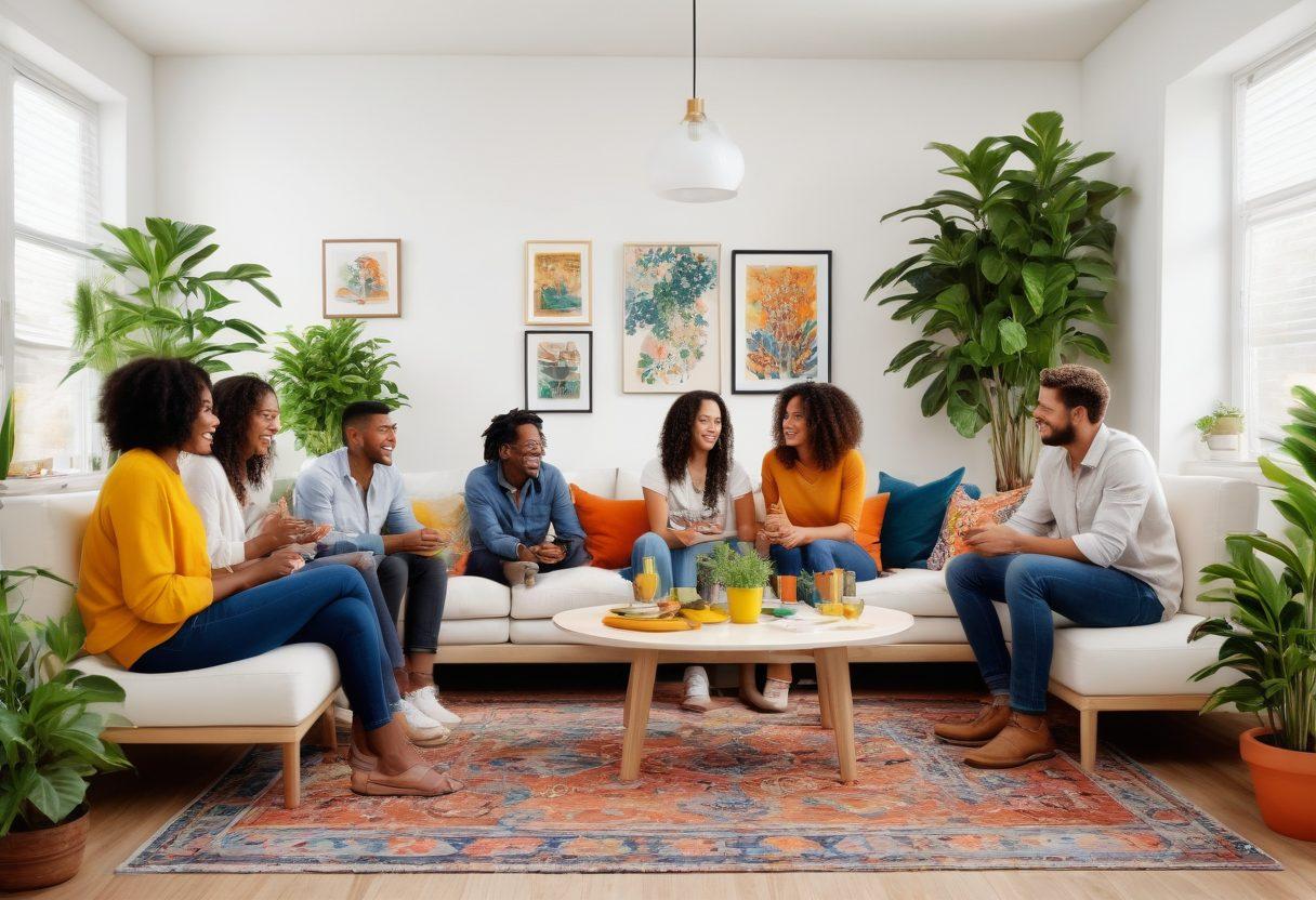 A vibrant, welcoming living space filled with diverse individuals engaging joyfully, sharing meals, playing games, and laughing together. Include colorful plants and personal touches throughout the room to emphasize community and connection. Capture a sense of warmth and harmony, showcasing different cultures and interactions. super-realistic. vibrant colors. white background.