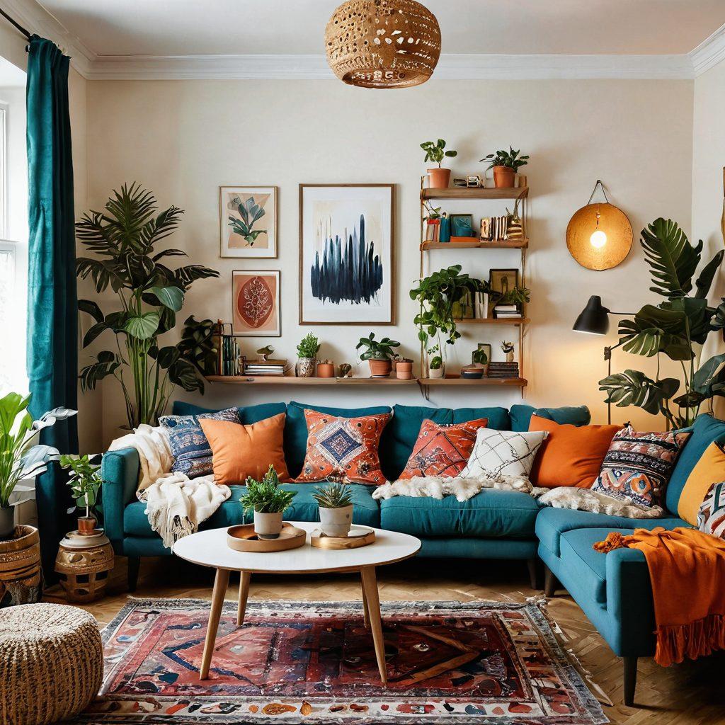 A cozy shared living space featuring two distinct styles merged harmoniously, with one side displaying bright, vibrant colors and eclectic bohemian decor, and the other showcasing minimalistic Scandinavian design. Include warm lighting, plants, and personal touches like art and books, conveying a sense of community and comfort. super-realistic. vibrant colors. warm ambiance.