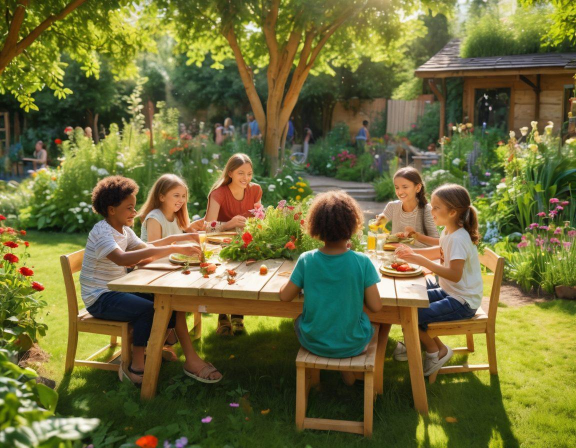 A vibrant scene of diverse people joyfully interacting in a lush community garden, sharing food and laughter around a large wooden table. Children playing nearby and adults collaborating on a creative project, surrounded by blooming flowers and green trees, symbolizing connection and harmony. Sunlight filtering through leaves, creating a warm and inviting atmosphere. super-realistic. vibrant colors. warm tones.